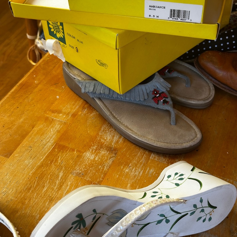 Sandals/ high heeled thongs. All three